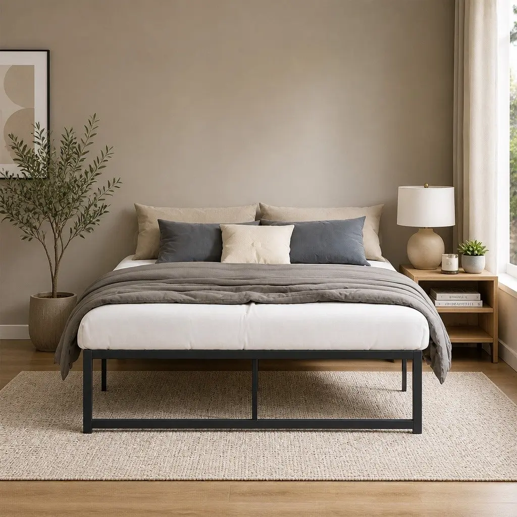 Minimalist Black Double Metal Bed Frame with Storage