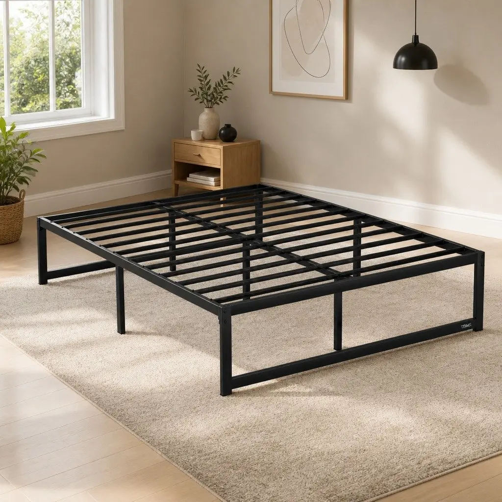 Minimalist Black Double Metal Bed Frame with Storage
