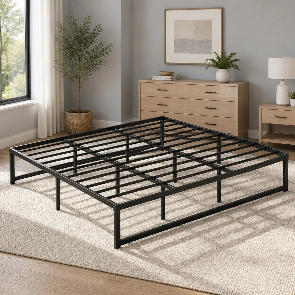 Black Steel King Size Bed Frame with Storage Space