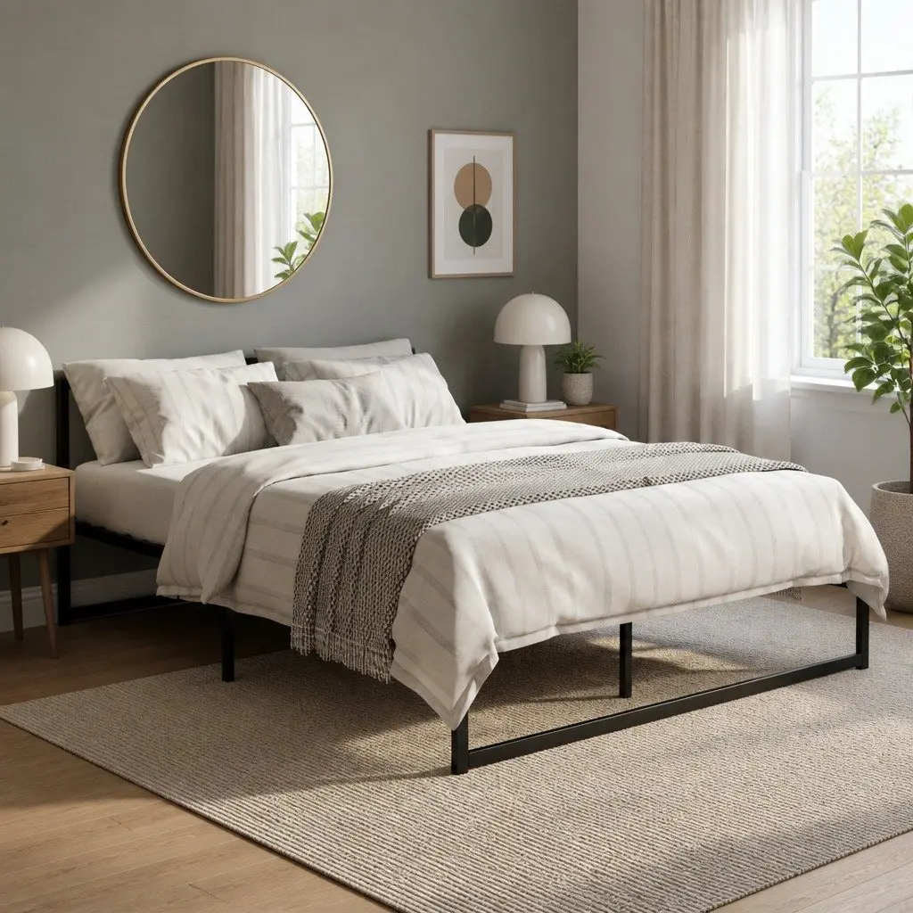Queen Size Black Metal Bed Frame with Storage