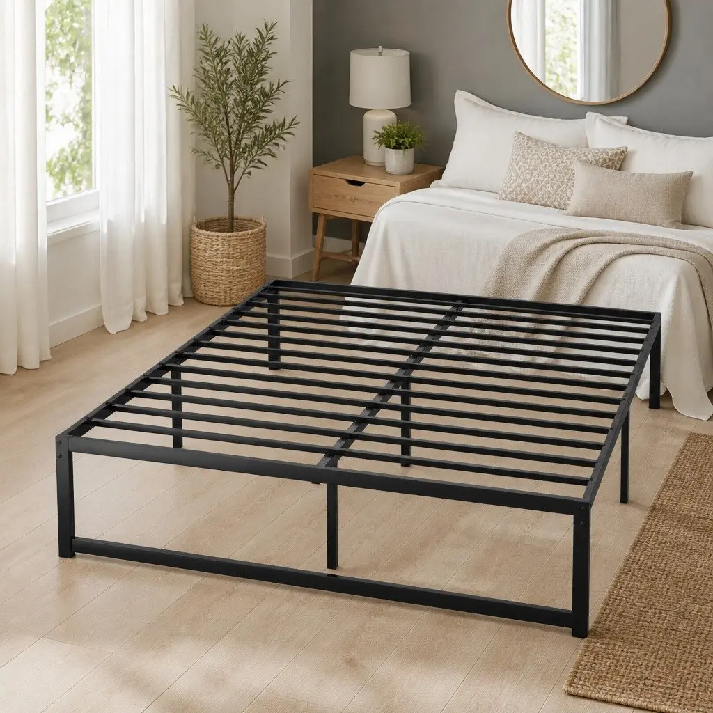 Queen Size Black Metal Bed Frame with Storage