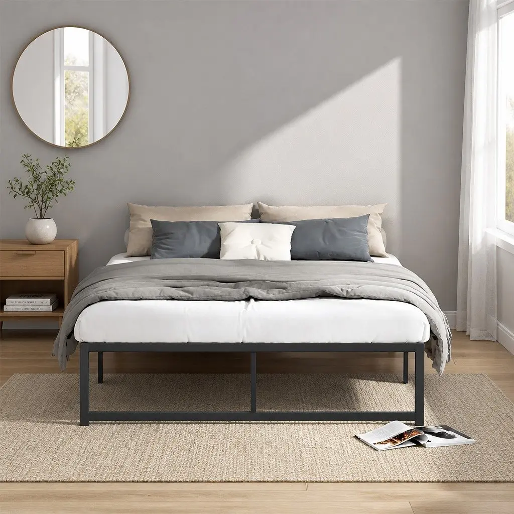 Queen Size Black Metal Bed Frame with Storage