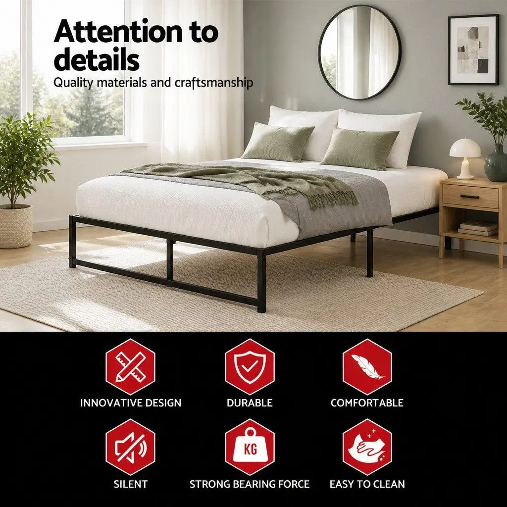 Queen Size Black Metal Bed Frame with Storage