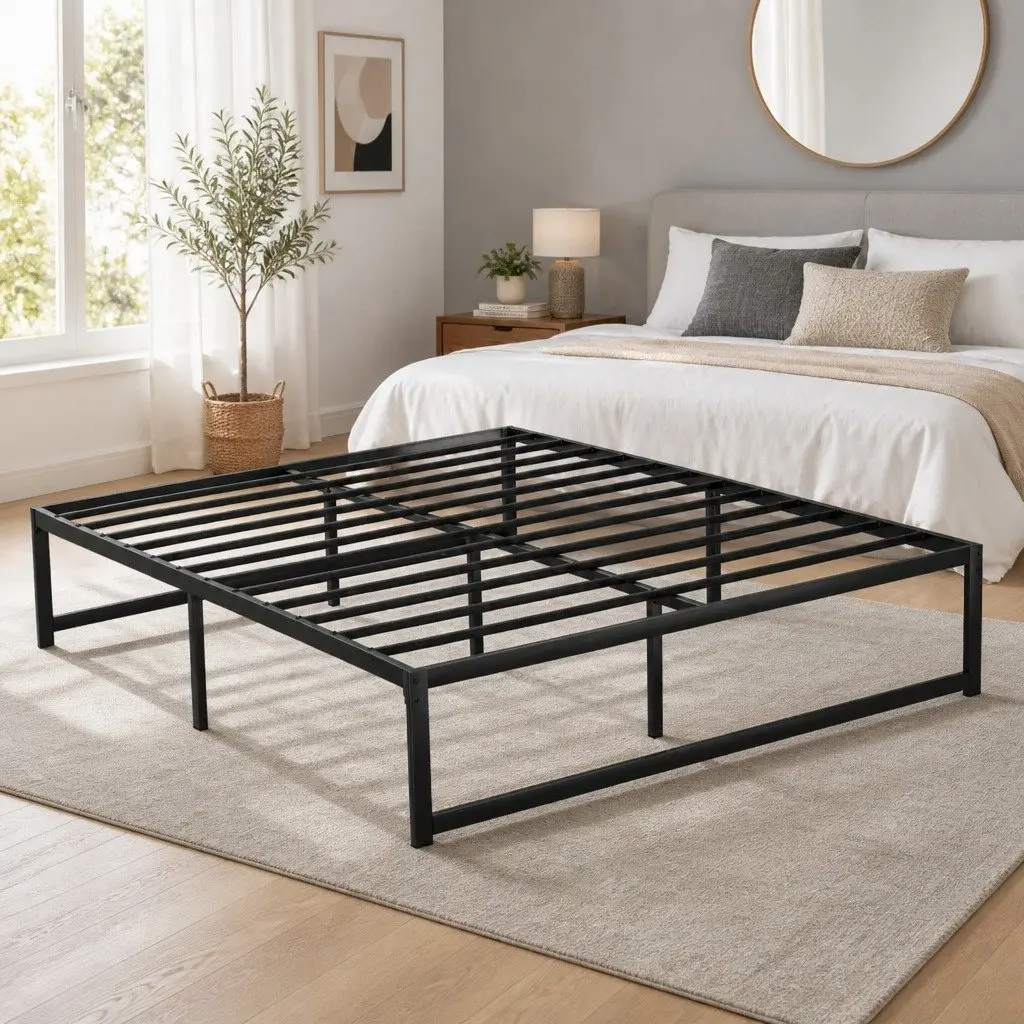 Queen Size Black Metal Bed Frame with Storage