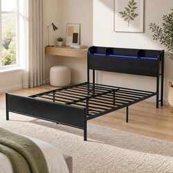 Double Size Metal Bed Frame with LED Lights and Storage