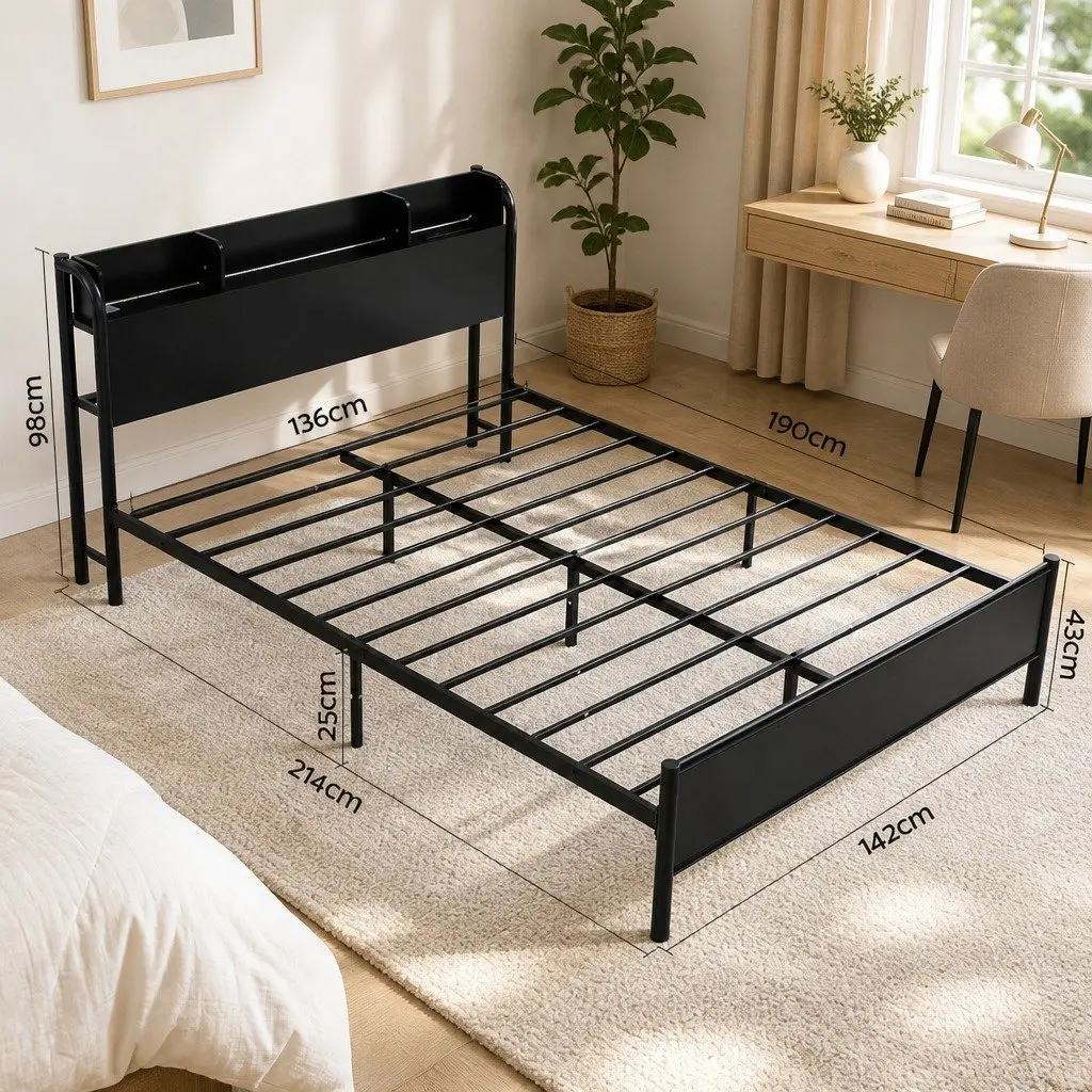 Double Size Metal Bed Frame Industrial Style with Storage Headboard Charging Station LED Lights