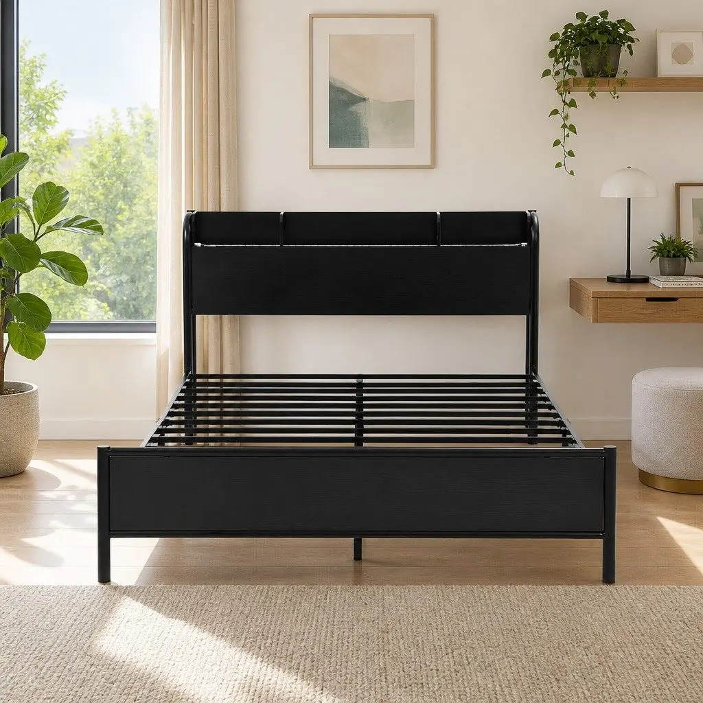 Double Size Metal Bed Frame Industrial Style with Storage Headboard Charging Station LED Lights