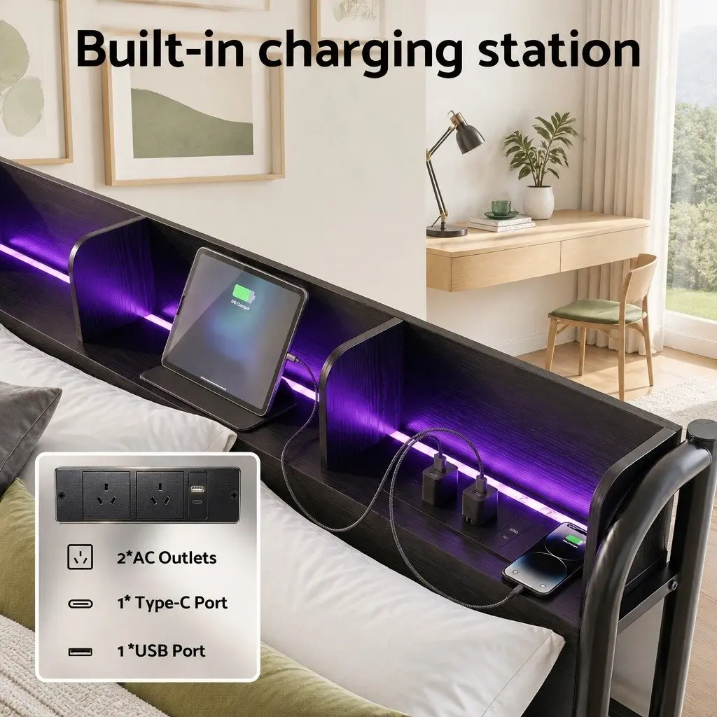 Double Size Metal Bed Frame Industrial Style with Storage Headboard Charging Station LED Lights