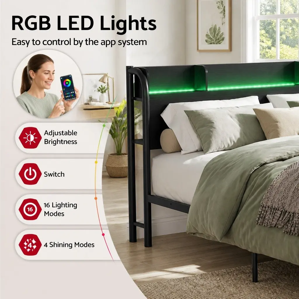 Double Size Metal Bed Frame Industrial Style with Storage Headboard Charging Station LED Lights