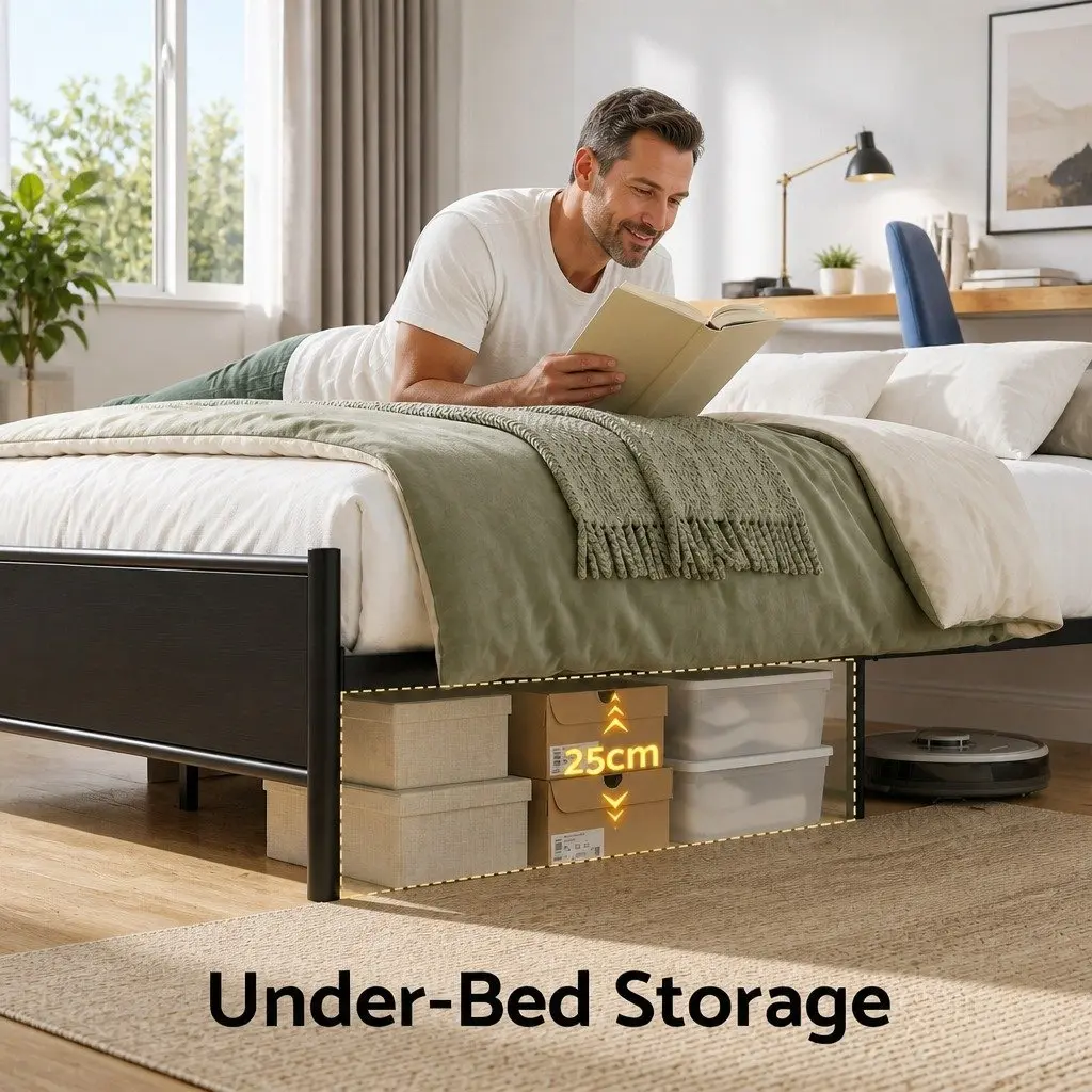 Double Size Metal Bed Frame Industrial Style with Storage Headboard Charging Station LED Lights