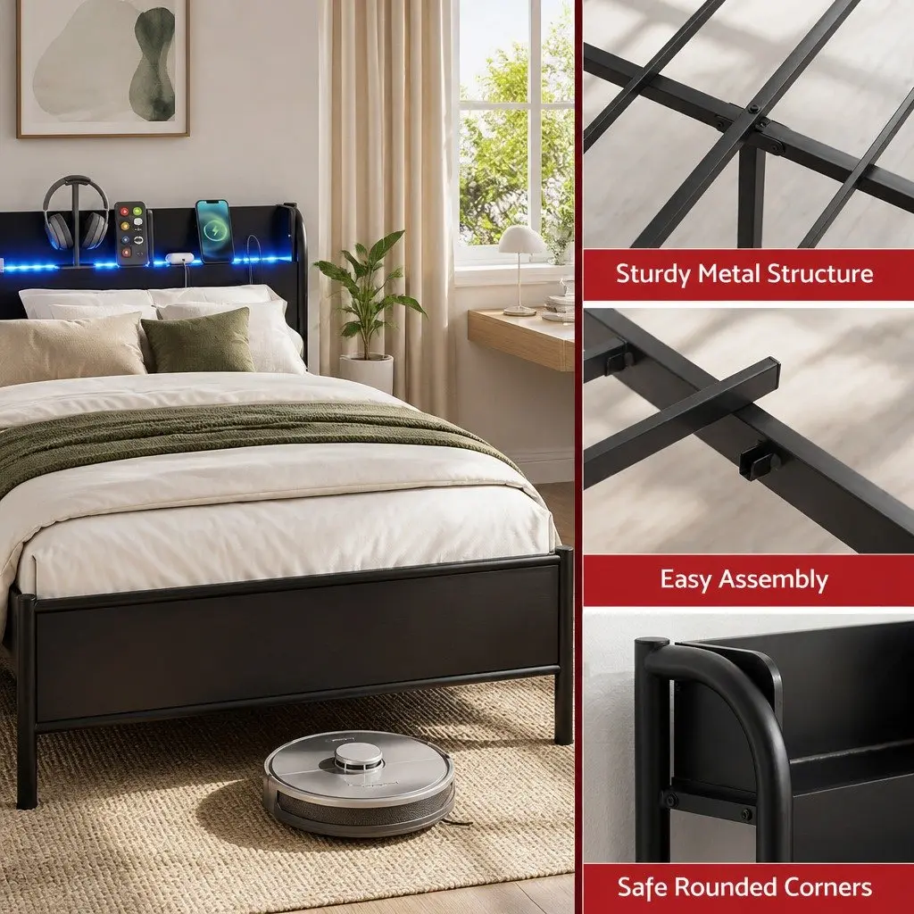 Double Size Metal Bed Frame Industrial Style with Storage Headboard Charging Station LED Lights