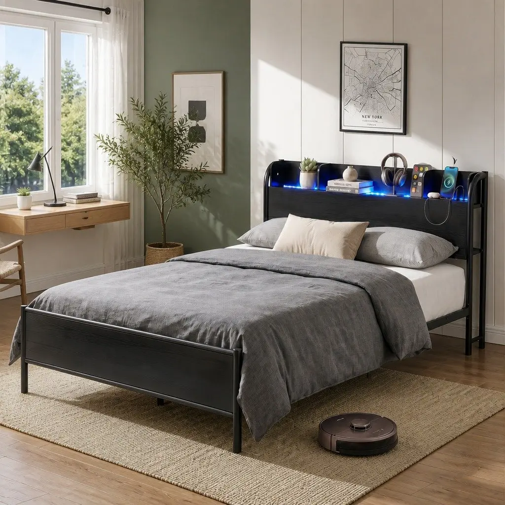 Double Size Metal Bed Frame Industrial Style with Storage Headboard Charging Station LED Lights