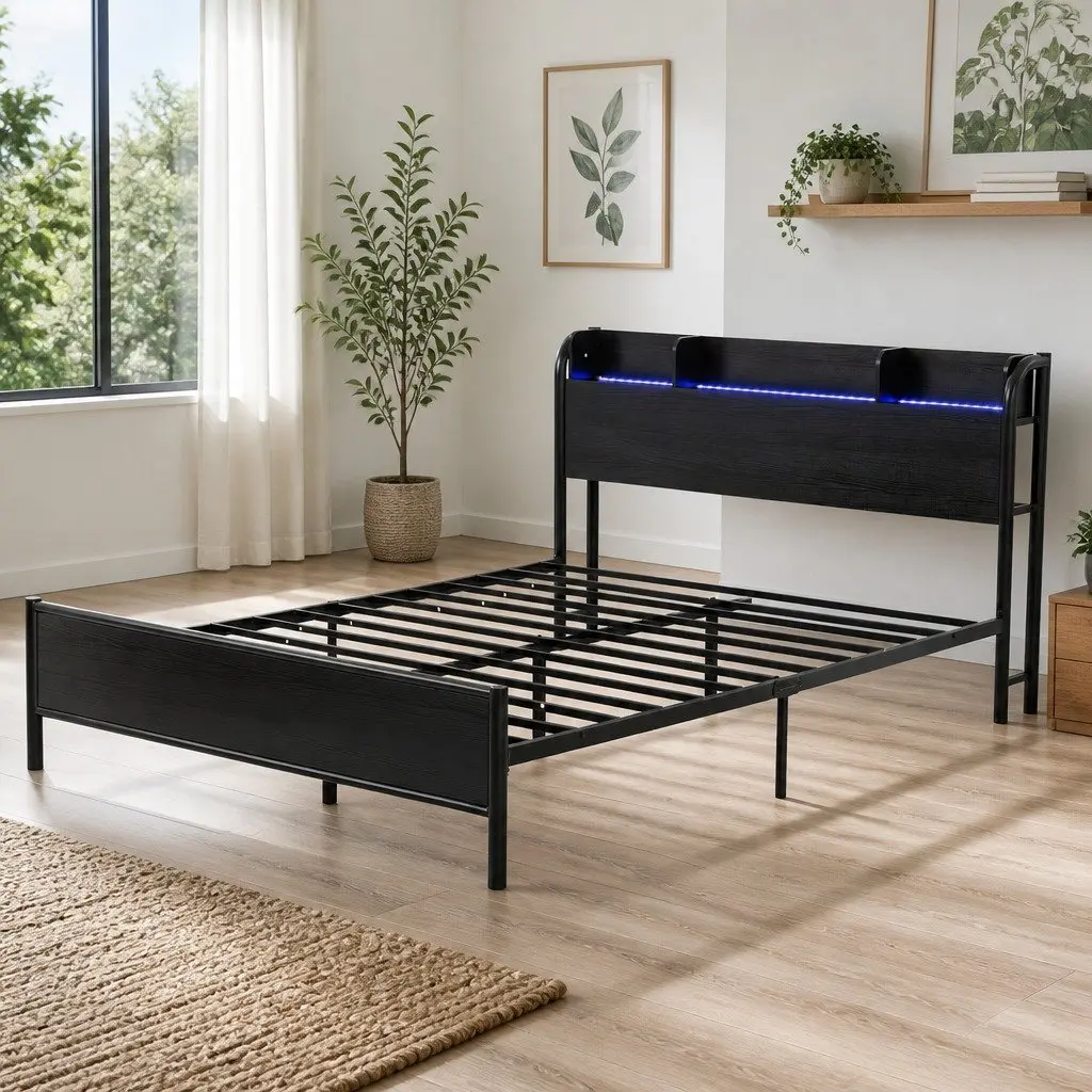 Queen Size Metal Bed Frame Industrial Style with Storage Headboard Charging Station LED Lights