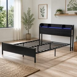 Queen Size Metal Bed Frame with LED Storage Headboard
