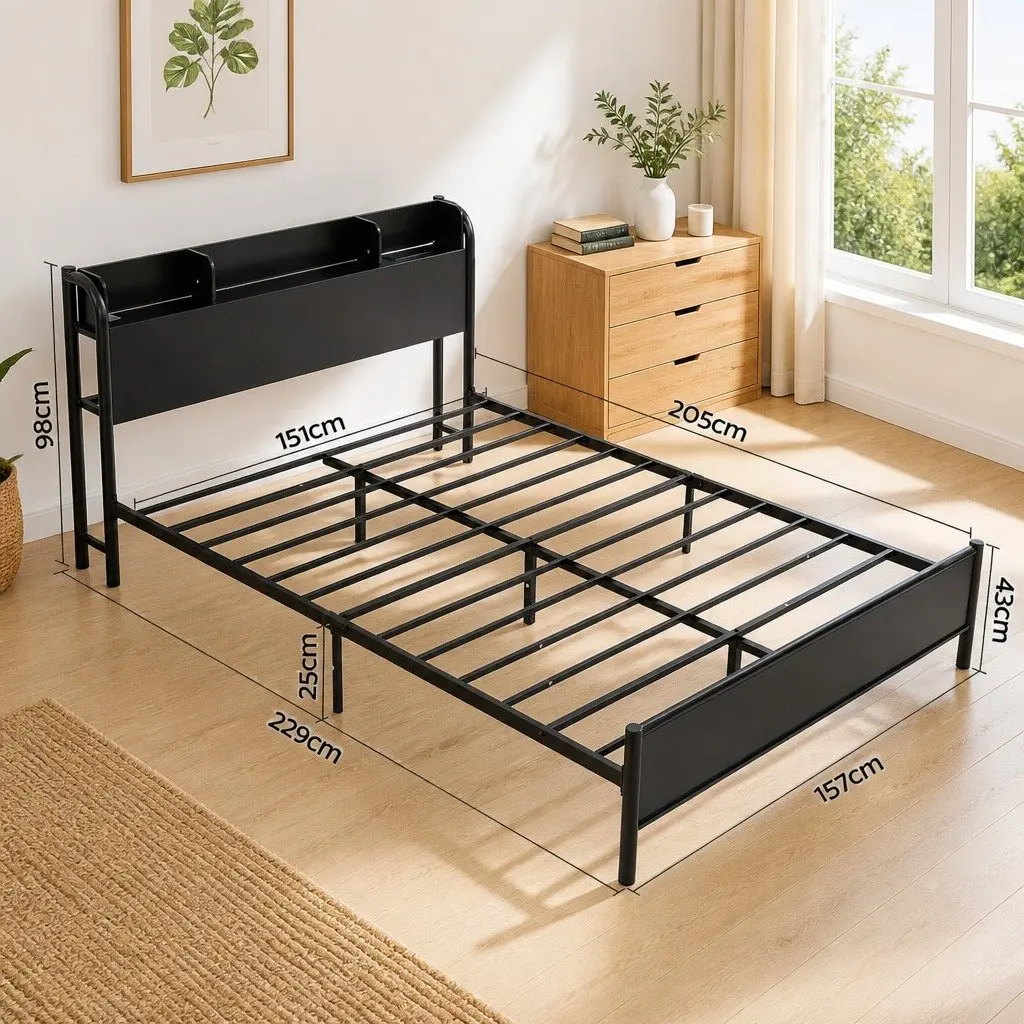 Queen Size Metal Bed Frame Industrial Style with Storage Headboard Charging Station LED Lights
