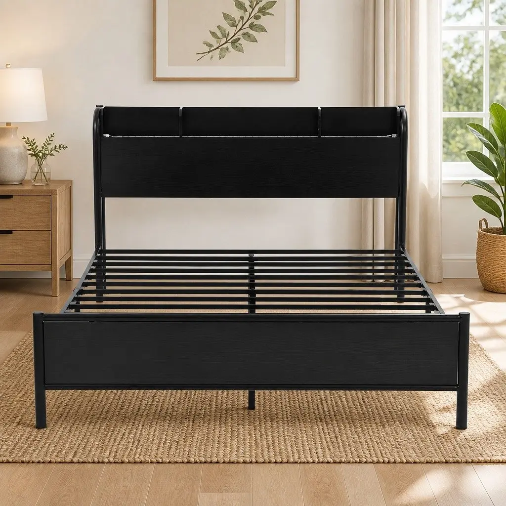 Queen Size Metal Bed Frame Industrial Style with Storage Headboard Charging Station LED Lights