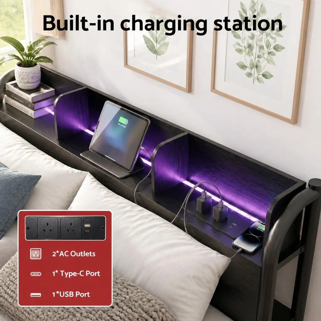 Queen Size Metal Bed Frame Industrial Style with Storage Headboard Charging Station LED Lights