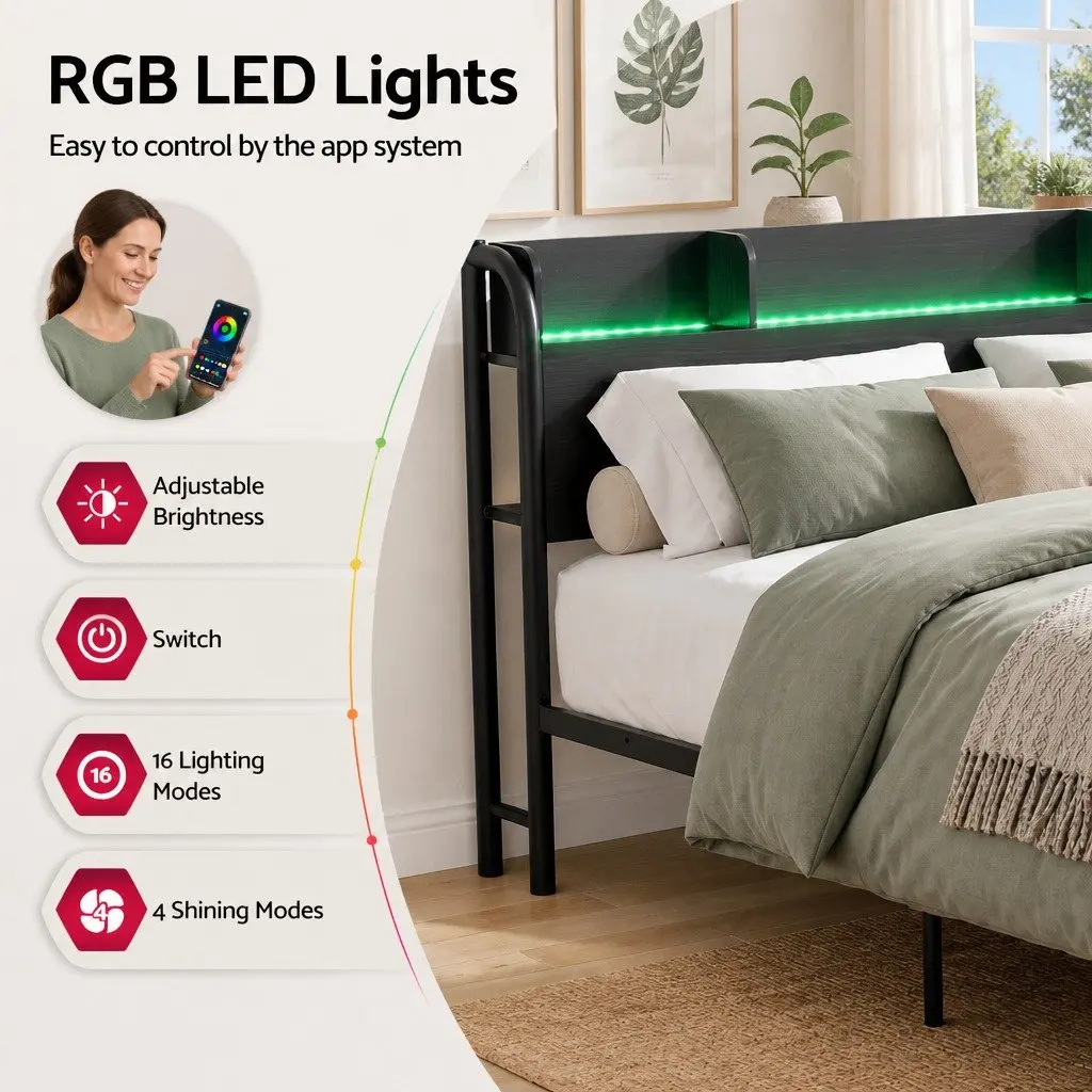 Queen Size Metal Bed Frame Industrial Style with Storage Headboard Charging Station LED Lights