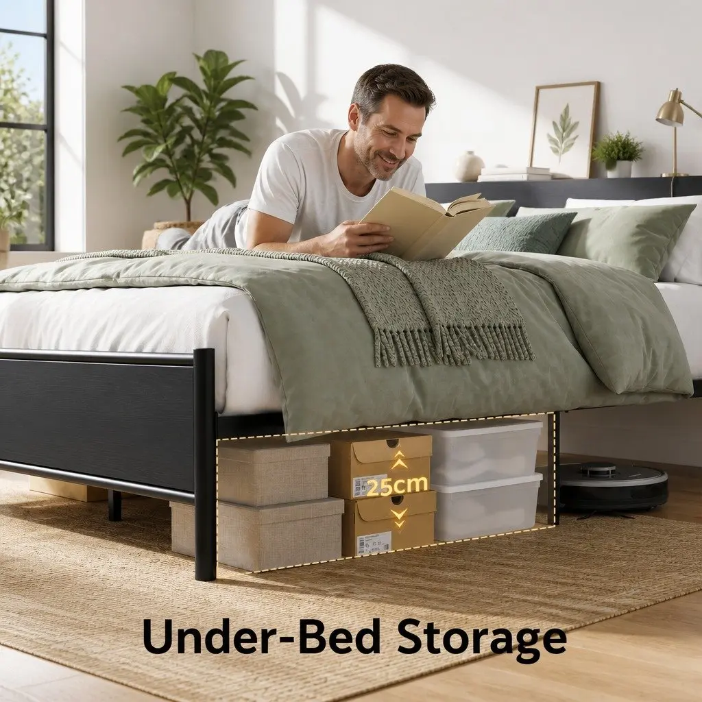 Queen Size Metal Bed Frame Industrial Style with Storage Headboard Charging Station LED Lights