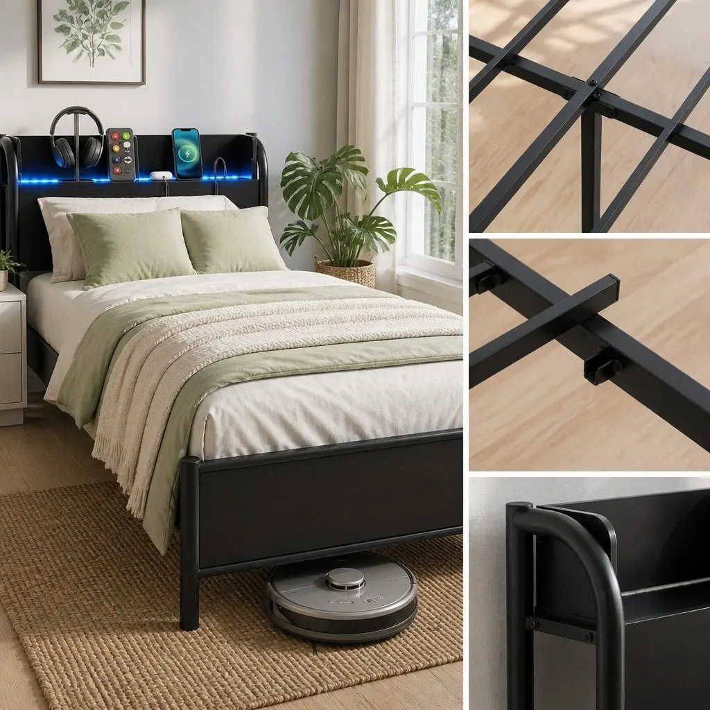 Queen Size Metal Bed Frame Industrial Style with Storage Headboard Charging Station LED Lights