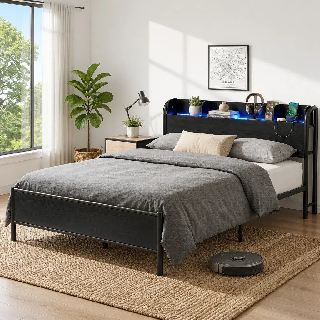 Queen Size Metal Bed Frame Industrial Style with Storage Headboard Charging Station LED Lights