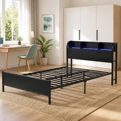 Single Metal Bed Frame with Storage and LED Lights