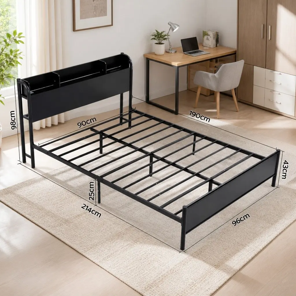 Single Metal Bed Frame with Storage and LED Lights