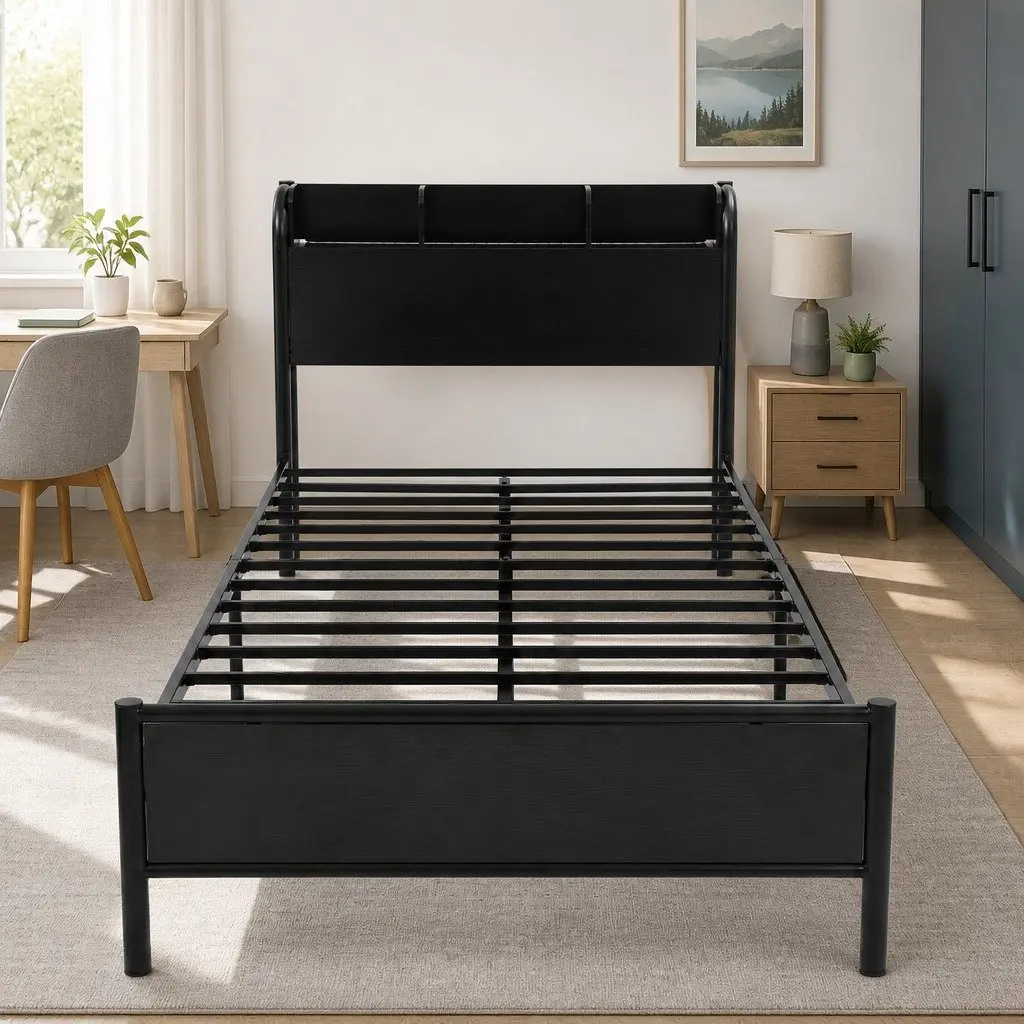 Single Metal Bed Frame with Storage and LED Lights