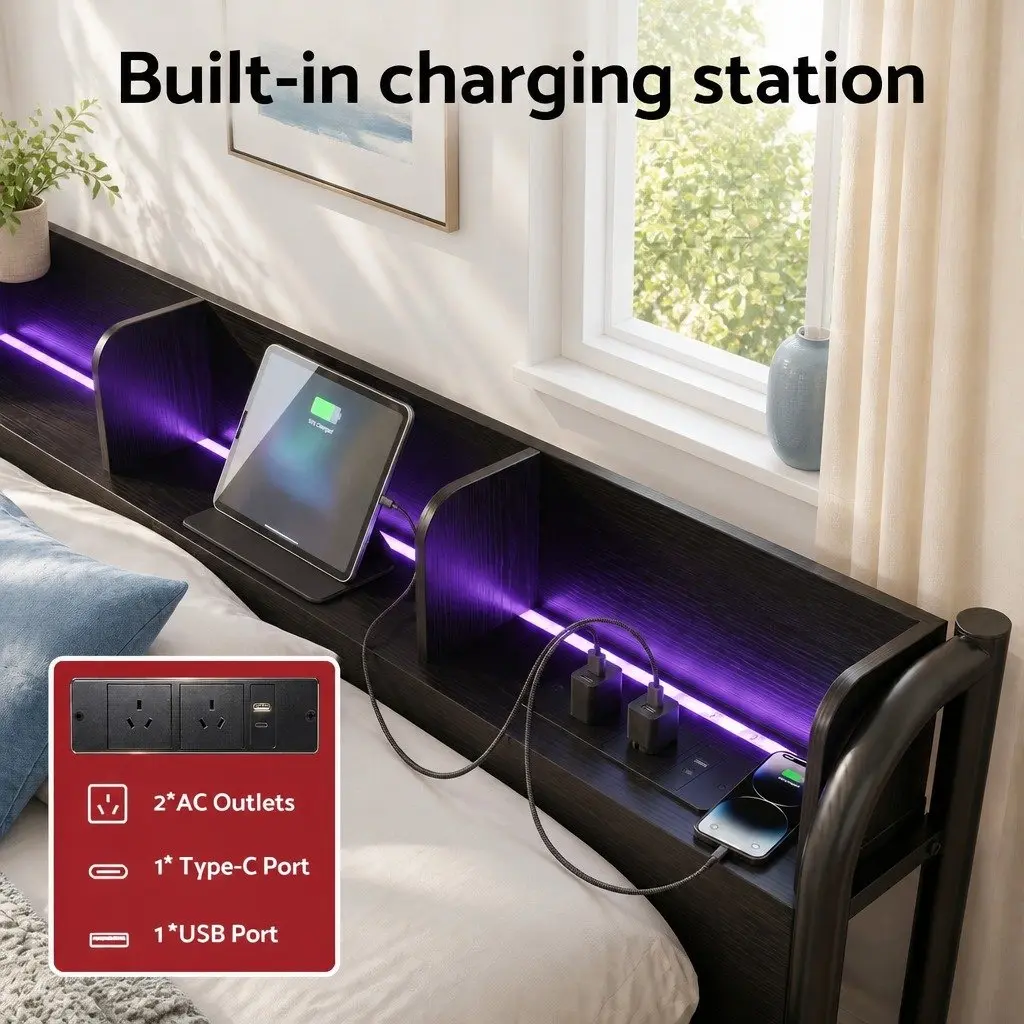 Single Metal Bed Frame with Storage and LED Lights