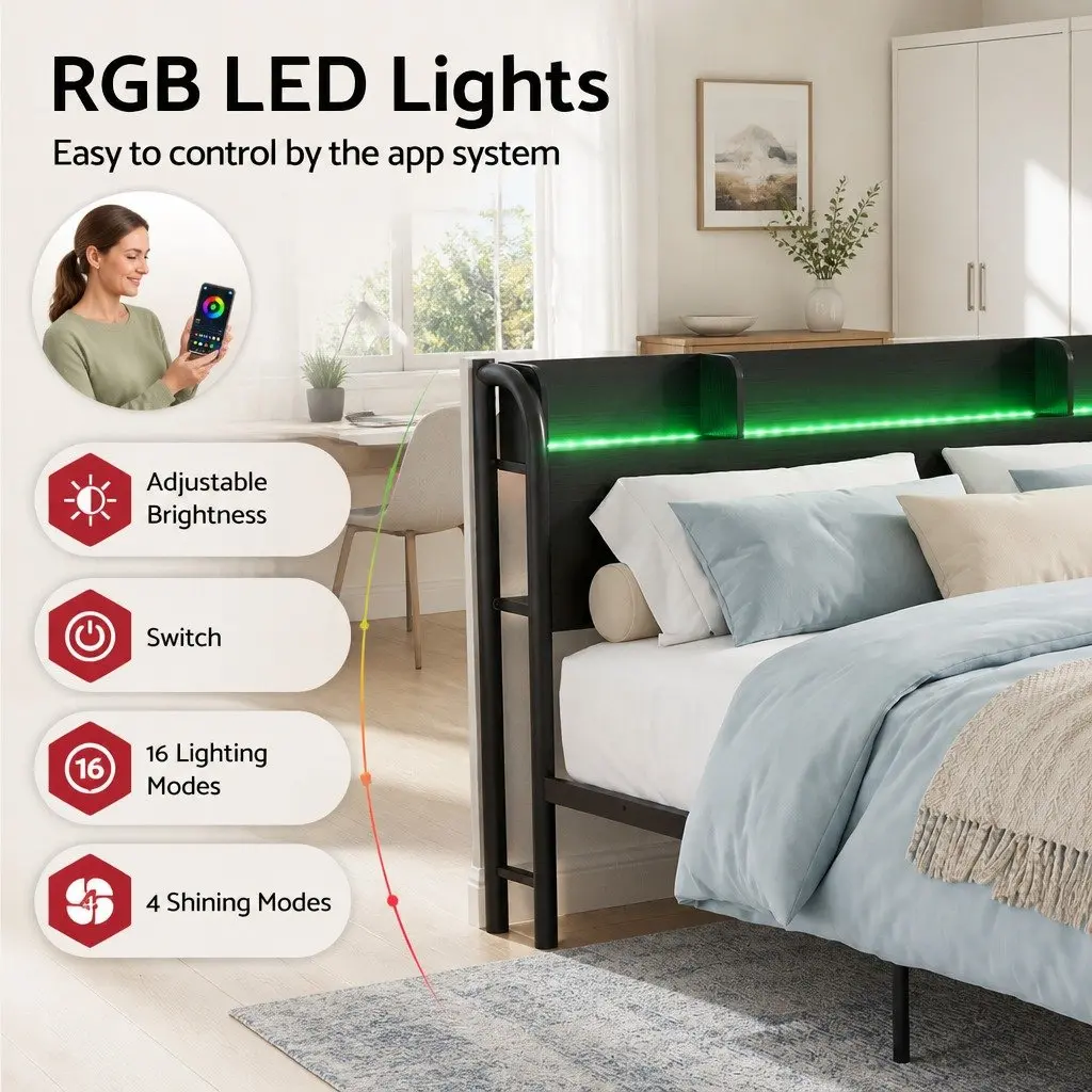 Single Metal Bed Frame with Storage and LED Lights
