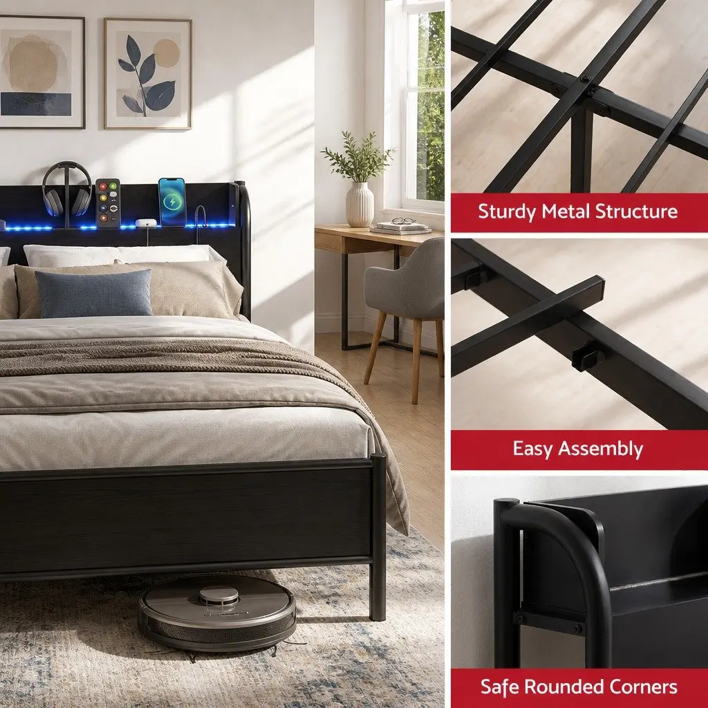 Single Metal Bed Frame with Storage and LED Lights