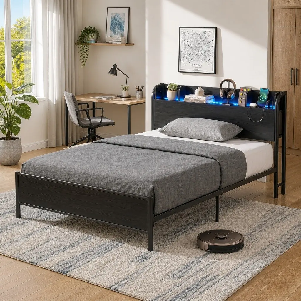 Single Metal Bed Frame with Storage and LED Lights