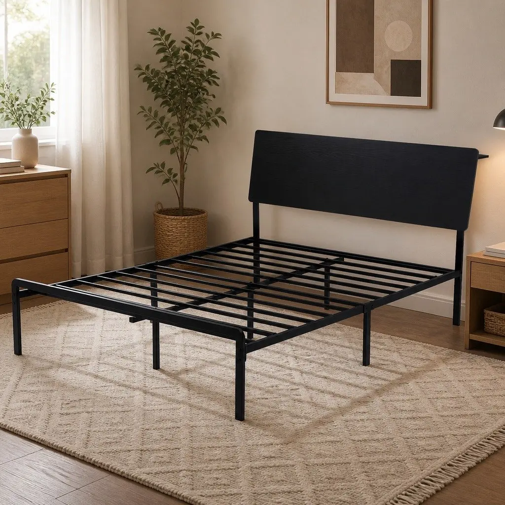 Queen Size Metal Bed Frame with LED Lighting and Storage