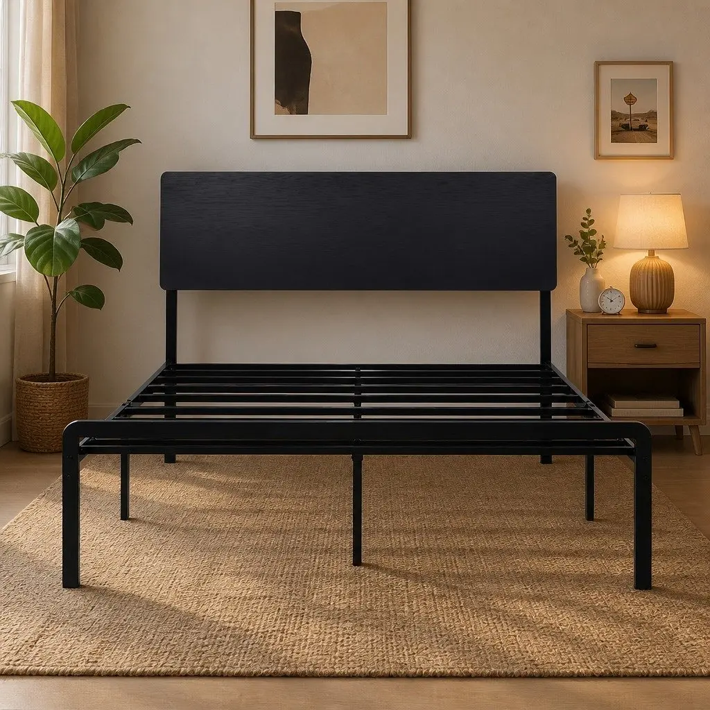 Queen Size Metal Bed Frame with LED Lighting and Storage