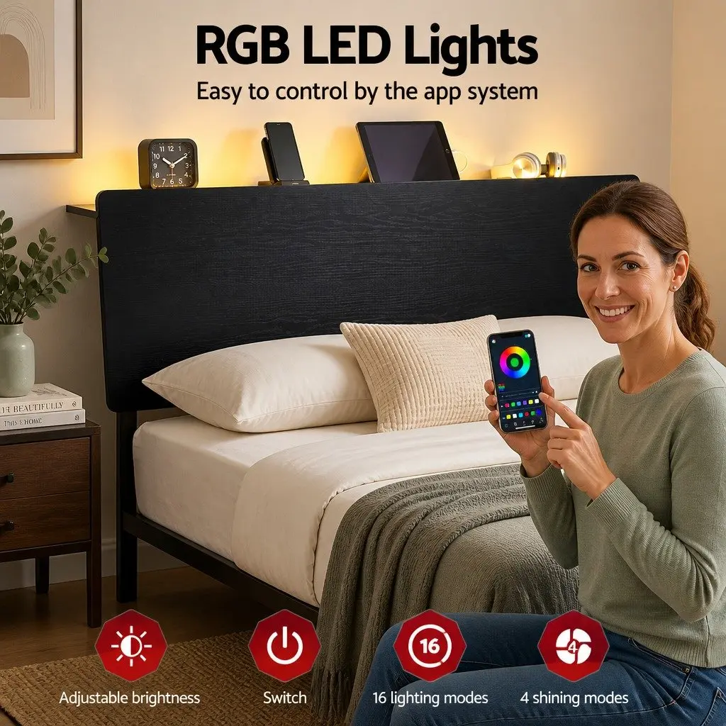 Queen Size Metal Bed Frame with LED Lighting and Storage