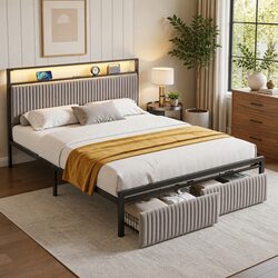 Stylish Queen Size Metal Bed Frame with LED Charging Station