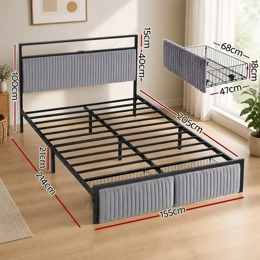 Queen Size Metal Bed Frame Velvet Upholstered Headboard with LED Charging Station and Under Bed Drawers