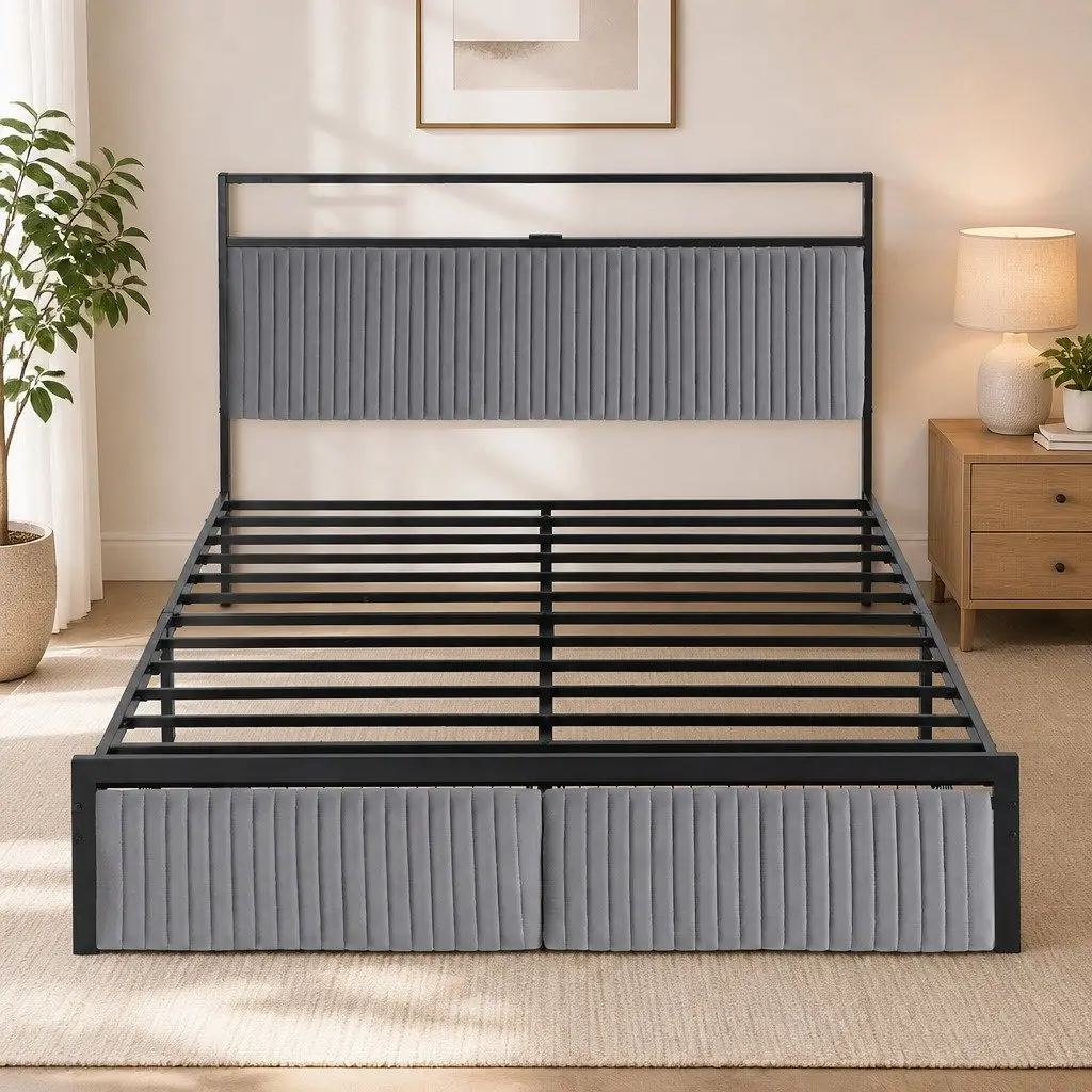Queen Size Metal Bed Frame Velvet Upholstered Headboard with LED Charging Station and Under Bed Drawers