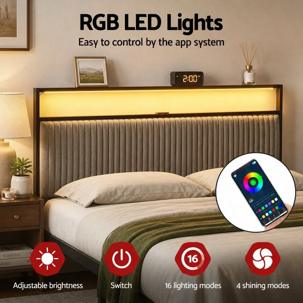 Queen Size Metal Bed Frame Velvet Upholstered Headboard with LED Charging Station and Under Bed Drawers