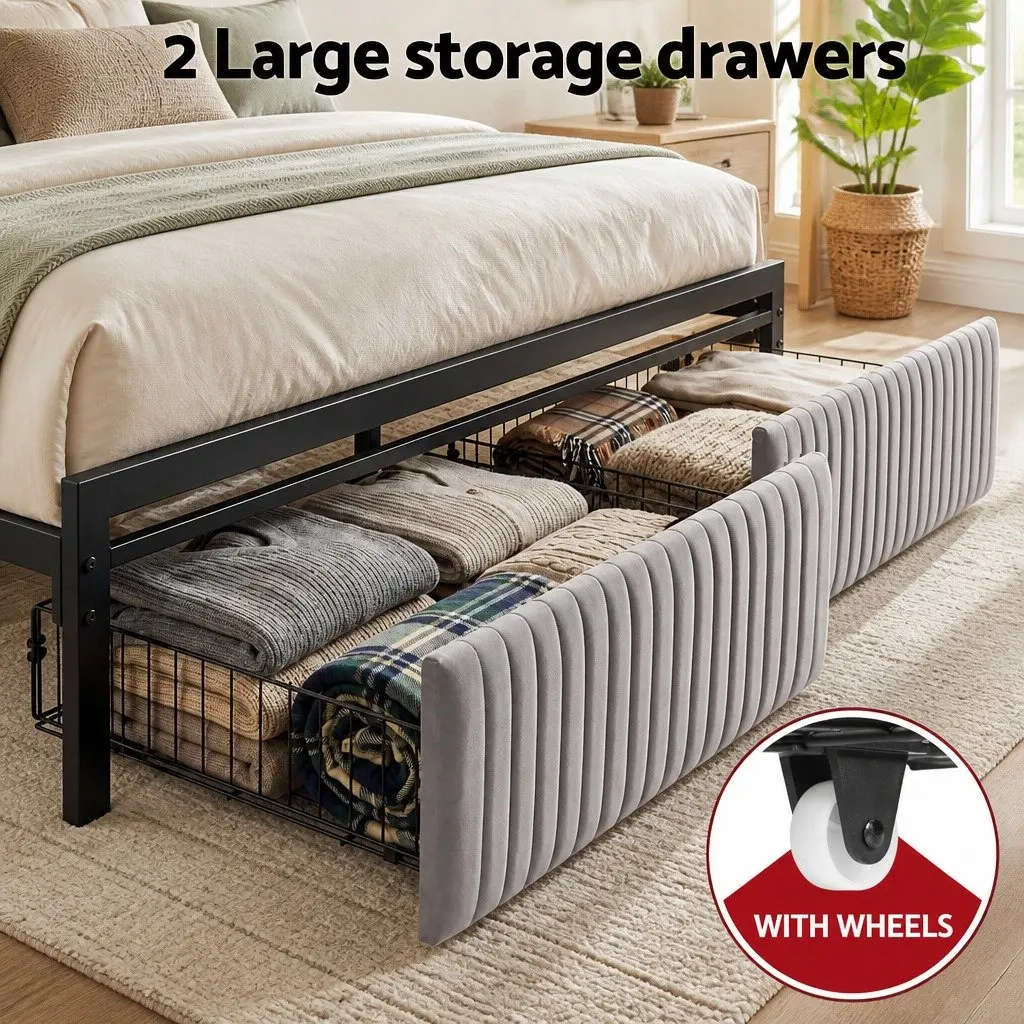 Queen Size Metal Bed Frame Velvet Upholstered Headboard with LED Charging Station and Under Bed Drawers