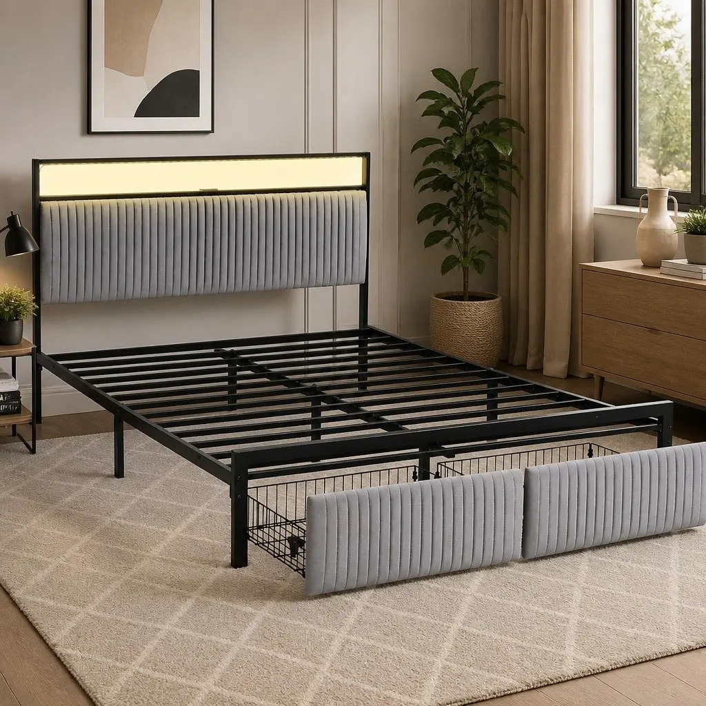 Queen Size Metal Bed Frame Velvet Upholstered Headboard with LED Charging Station and Under Bed Drawers