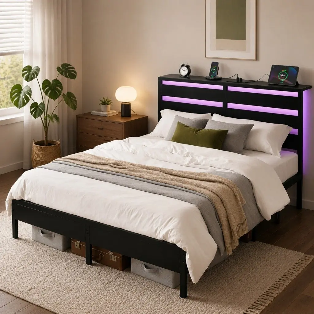 Black Metal Double Bed Frame with LED Lights and Storage