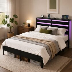 Black Metal Double Bed Frame with LED Lights and Storage