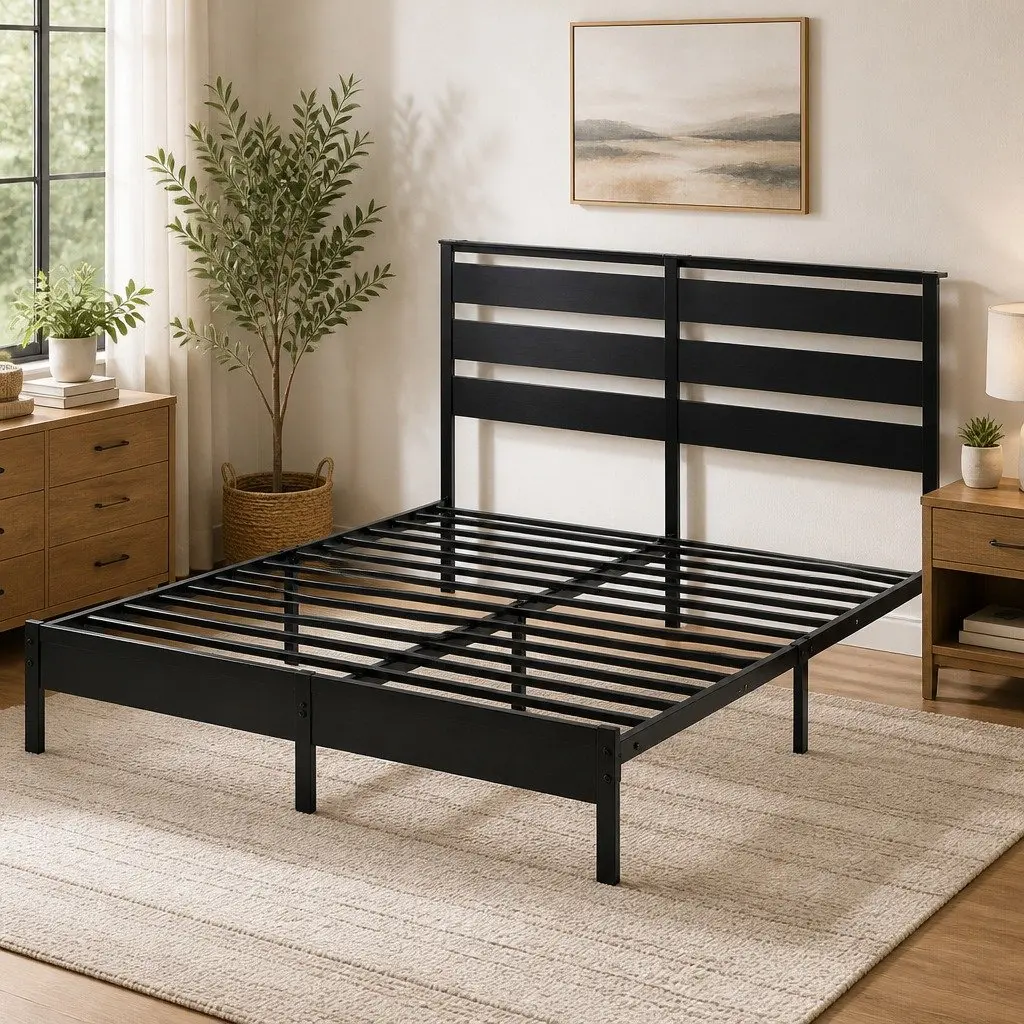 Black Metal Double Bed Frame with LED Lights and Storage