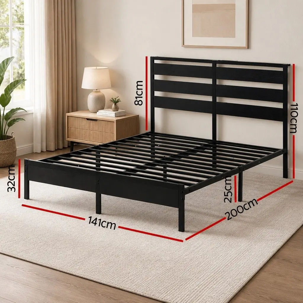 Black Metal Double Bed Frame with LED Lights and Storage