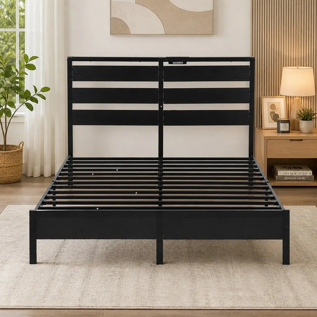 Black Metal Double Bed Frame with LED Lights and Storage