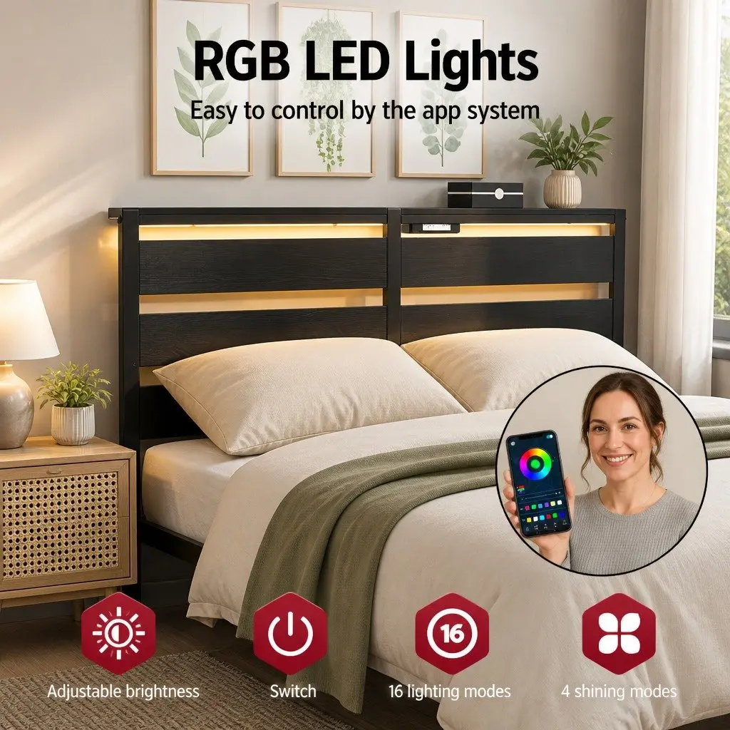 Black Metal Double Bed Frame with LED Lights and Storage