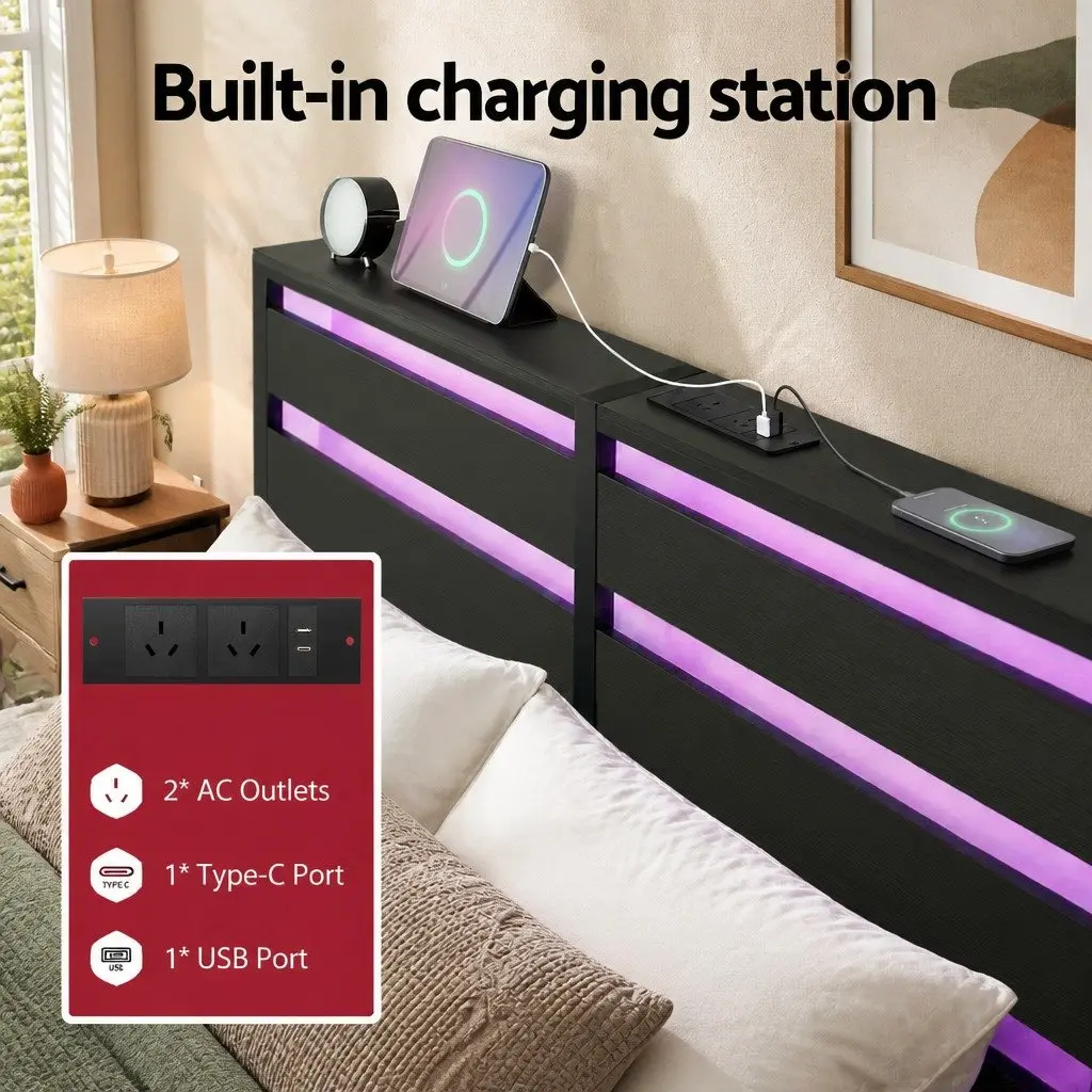 Black Metal Double Bed Frame with LED Lights and Storage