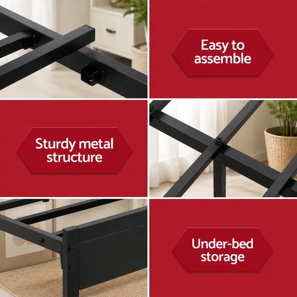 Black Metal Double Bed Frame with LED Lights and Storage