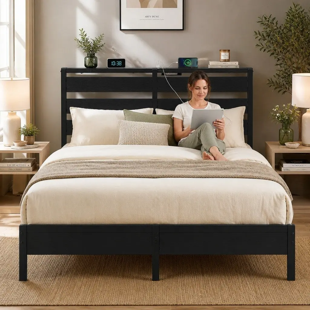 Black Metal Double Bed Frame with LED Lights and Storage